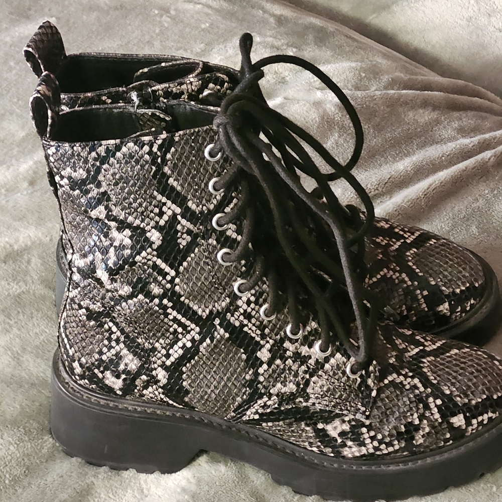 Steve Madden Black and Gray Snake Print Combat Boots